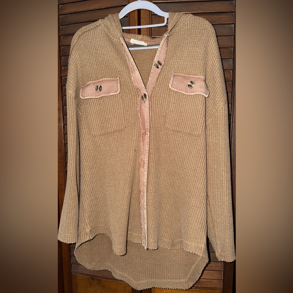 New In Waffle Knit Hooded Cardigan Tan Blush Contrast Size Small Cozy High Low